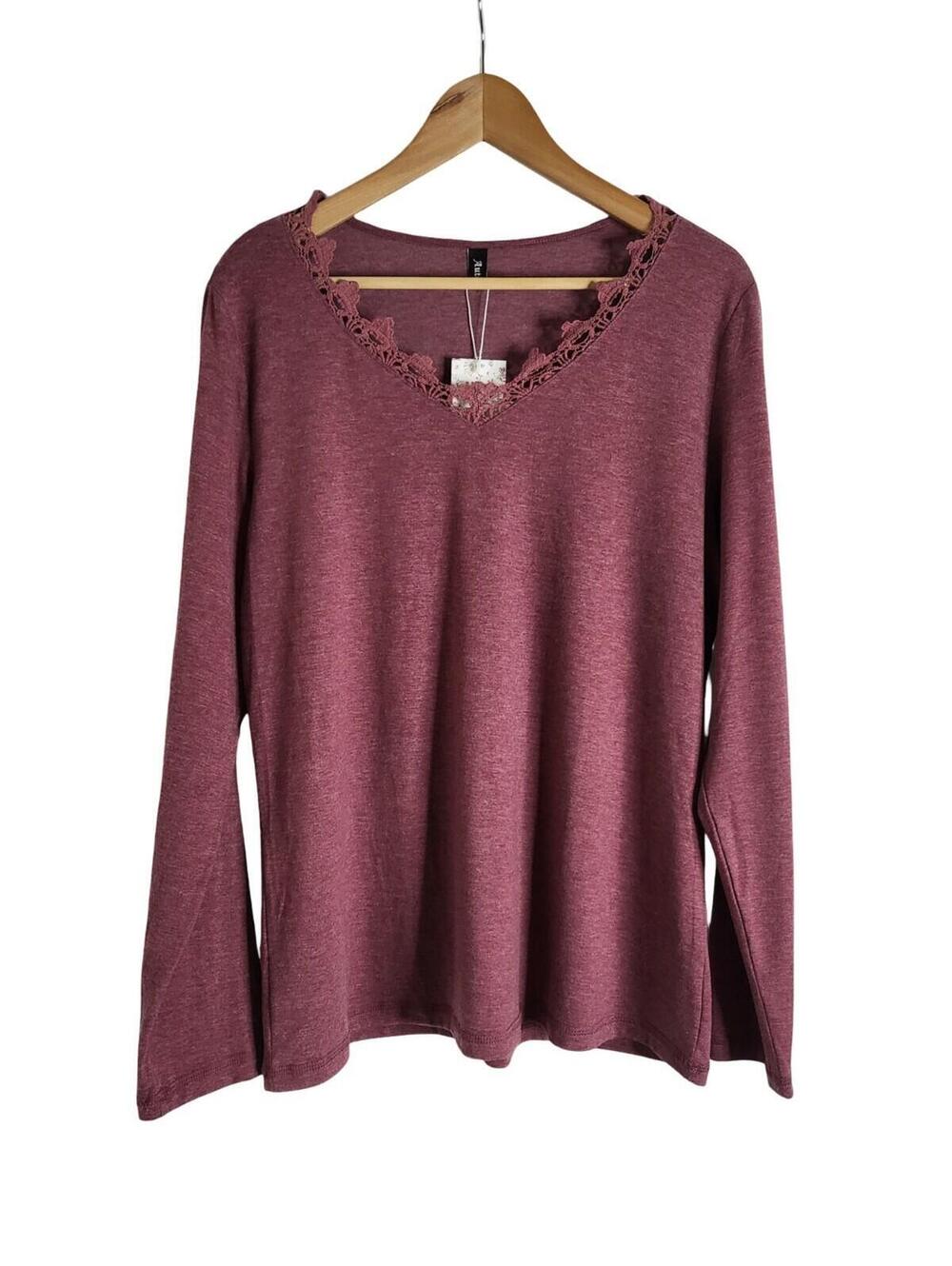 Automet Heathered Burgundy Long Sleeve Shirt Lace Detail Size Large